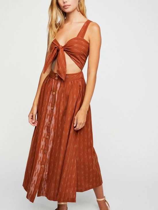Free People Dresses & Skirts - Free People Caldasi Cotton Printed Midi Dress Bronze Smocked Crop Top Size XS